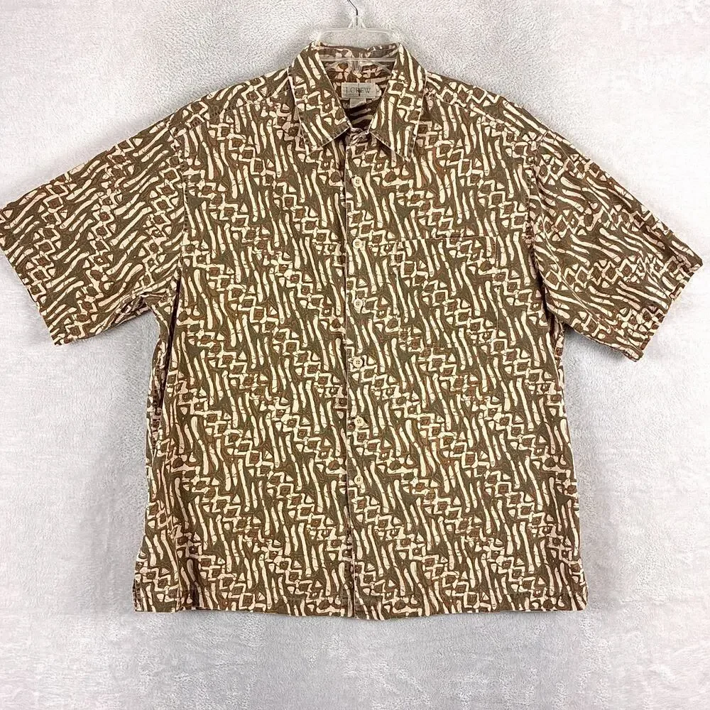 VTG J.Crew Oarsman Shirt Mens M Brown Beige Abstract Mana Summer Preppy 90s